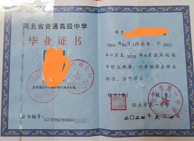 安徽任丘市第一中学高中毕业证样本图片